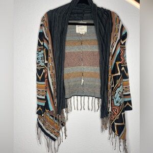 BillaBong Aztec Fringe‎ Open Front Waterfall Cotton Sweater Size XS